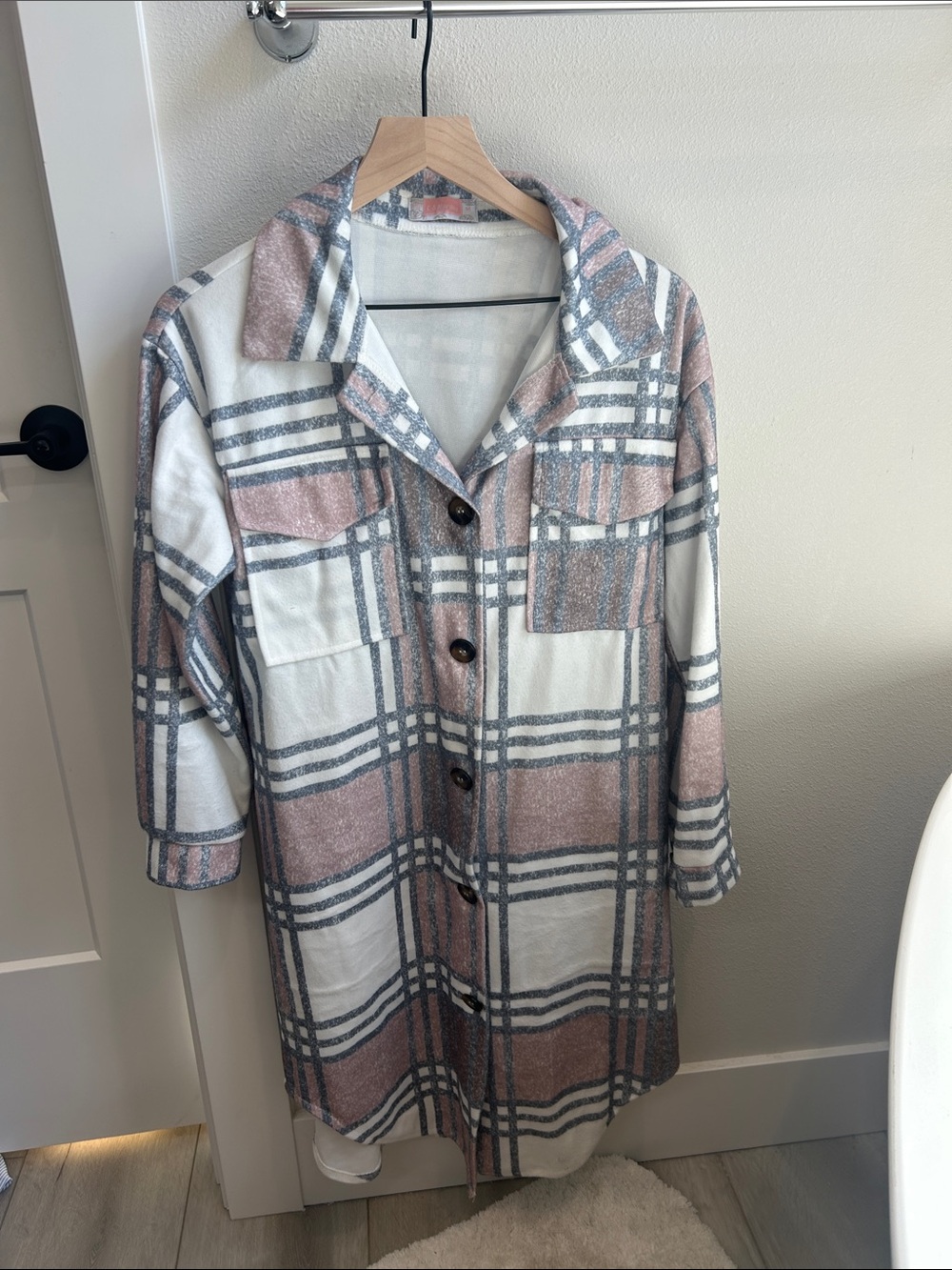 Plaid Button-Front Trench Coat in Pink and Gray
